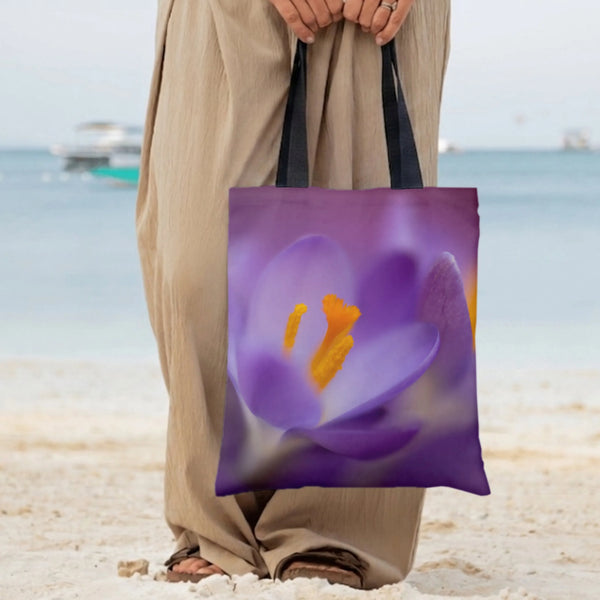 Purple Crocus Tote Bag | Macro Flower Photography Art with Golden Stamens | Premium Twill Fabric | Aesthetic Gift for Flower 