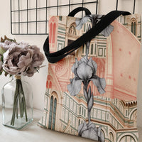 Florence Cathedral Iris Tote Bag | Italian Architecture with Botanical Line Art | Premium Twill Diamond-Grid Fabric | Aesthetic Gift for Italy Travel Lover