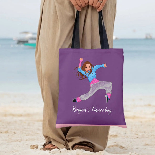 Dance Girl Tote Bag | Cute Cartoon Hip Hop Dancer Illustration on Purple | Premium Twill Fabric Tote | Personalized Gift for 