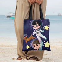 Space Astronaut Kids Tote Bag | Cute Chibi Boys and Dog in Galaxy with Stars | Premium Twill Diamond-Grid Fabric | Gift for Space Loving Kids
