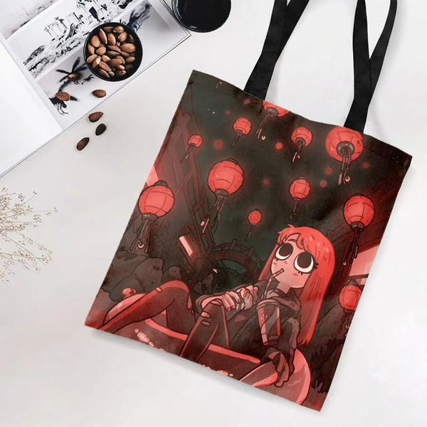 Red Lantern Girl Tote Bag | Cute Anime Art Japanese Street Night Scene | Premium Twill Composite Fabric | Aesthetic Gift for 