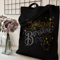 Stardust & Brimstone Witchy Tote Bag | Gold Cauldron Stars Typography Art | Premium Twill Diamond-Grid Texture | Gift for Witchcraft & Fantasy Lovers