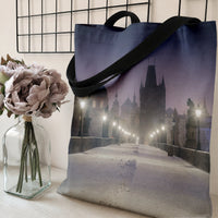 Prague Night Tote Bag | Misty Charles Bridge Watercolor Cityscape Art | Premium Twill Diamond-Grid Fabric | Aesthetic Gift for Travel Lovers