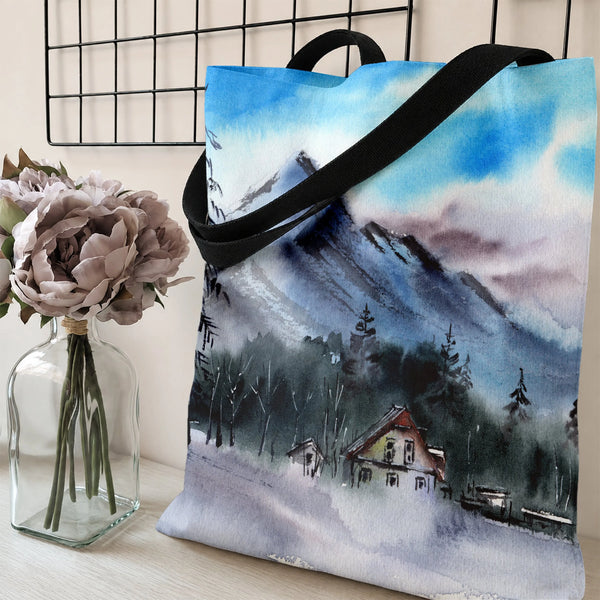 Mountain Landscape Tote Bag | Watercolor Alpine Village Pine Forest Art | Premium Twill Diamond-Grid Texture | Gift for Natur