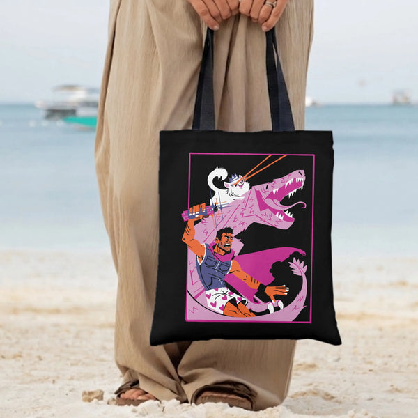 Warrior Riding Dinosaur Tote Bag | Fierce Pink T-Rex Action Cartoon Art | Premium Twill Diamond-Grid Texture | Unique Gift fo
