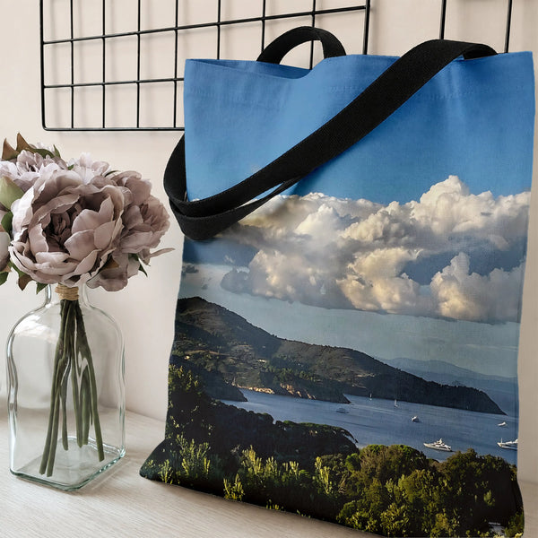 Mountain Lake Landscape Tote Bag | Scenic Hillside and Clouds Photography Print | Premium Composite Twill Fabric | Gift for N