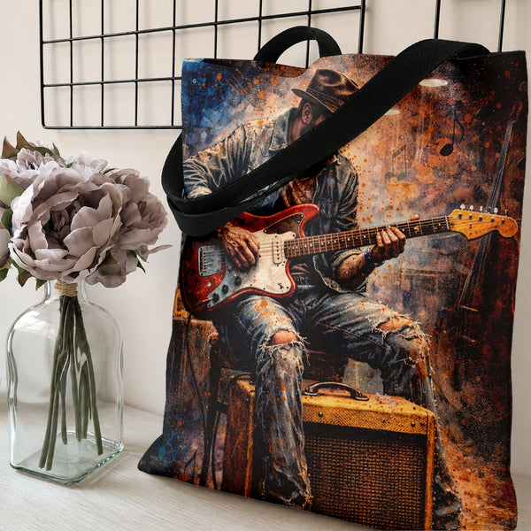 Guitar Player Tote Bag | Watercolor Musician Art with Paint Splatter Effect | Premium Twill Fabric Tote | Gift for Music Love