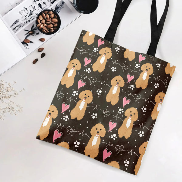 Goldendoodle Tote Bag | Cute Poodle Hearts and Paw Prints Pattern | Premium Twill Diamond-Grid Fabric | Gift for Doodle Dog M