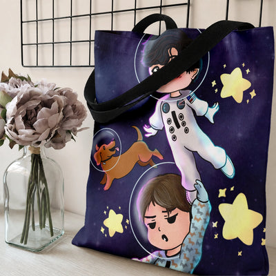 Space Astronaut Kids Tote Bag | Cute Chibi Boys and Dog in Galaxy with Stars | Premium Twill Diamond-Grid Fabric | Gift for Space Loving Kids