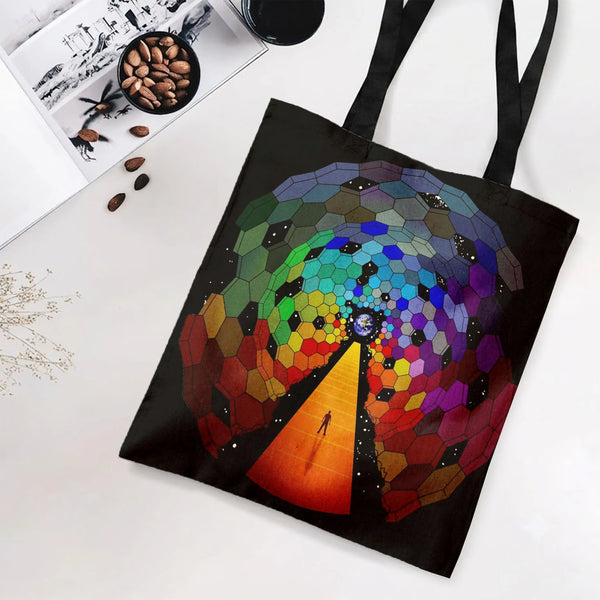 Cosmic Portal Tote Bag | Rainbow Hexagonal Space Tunnel with Lone Figure Art | Premium Twill Diamond-Grid Fabric | Trippy Sci