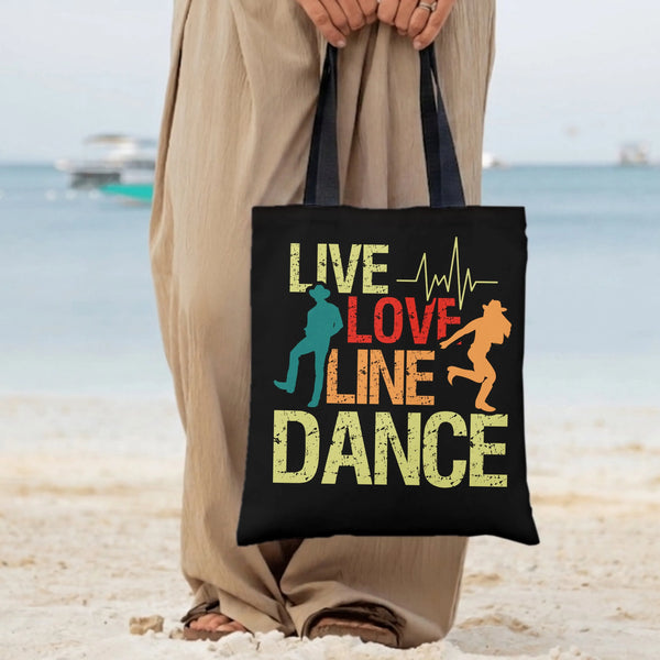Line Dance Tote Bag | Live Love Line Dance Retro Cowboy Silhouette Art | Premium Twill Fabric with Diamond-Grid Texture | Gif