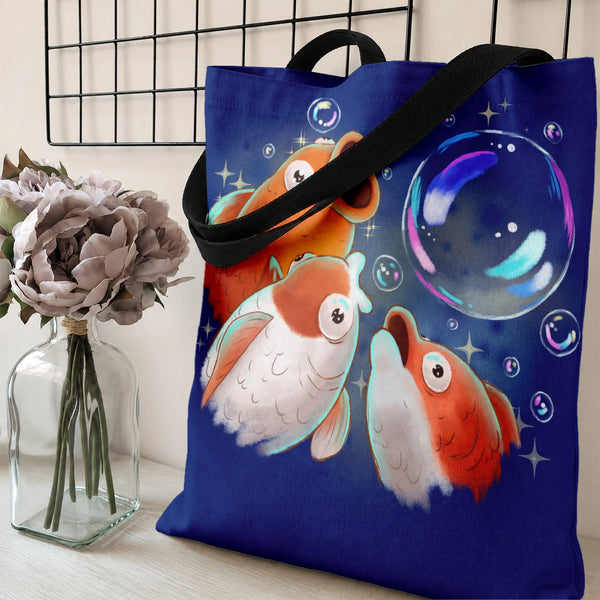 Goldfish Tote Bag | Cute Cartoon Fish with Bubbles Whimsical Illustration | Premium Twill Structured Bag | Gift for Fish Love