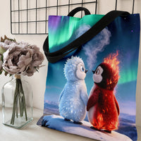 Fire and Ice Penguins Tote Bag | Cute Elemental Penguin Couple Northern Lights Art | Premium Twill Fabric | Romantic Valentine Gift for Penguin Lovers