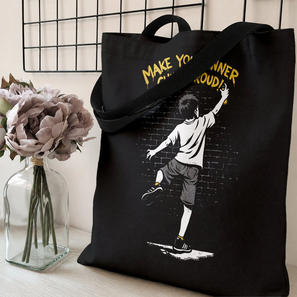 Inner Child Graffiti Tote Bag | Street Art Boy Spray Painting Brick Wall Design | Premium Twill Diamond-Grid Texture | Inspir