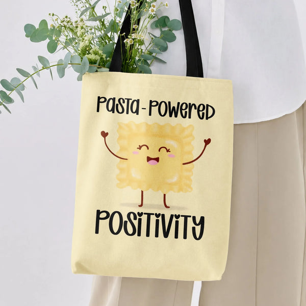 Pasta-Powered Positivity Tote Bag | Cute Cartoon Ravioli Character Design | Premium Composite Twill Fabric | Gift for Food Lo