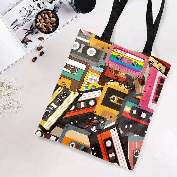 Retro Cassette Tape Tote Bag | Colorful 90s Mixtape Collage Art | Premium Twill Diamond-Grid Fabric | Gift for Music Lover an