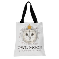 Owl Moon Tote Bag | Stained Glass Barn Owl with Crown Illustration | Premium Composite Twill Fabric | Gift for Wildlife and Nature Lovers