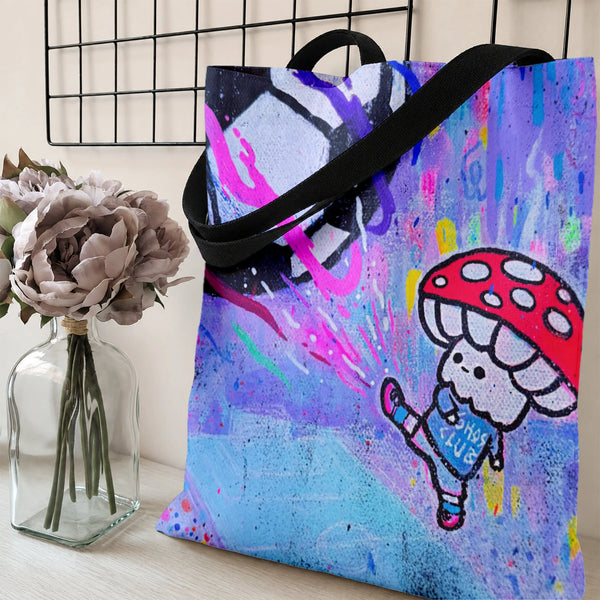 Mushroom Soccer Tote Bag | Graffiti Street Art Cartoon Mushroom Kicking Football | Premium Twill Diamond-Grid Fabric | Trendy