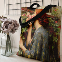 Rose Garden Woman Tote Bag | Pre-Raphaelite Oil Painting Red Hair Beauty Smelling Roses | Premium Lightweight Twill Tote | Aesthetic Gift for Art Lover