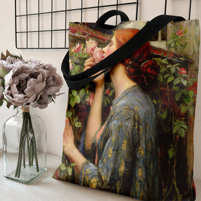 Rose Garden Woman Tote Bag | Pre-Raphaelite Oil Painting Red Hair Beauty Smelling Roses | Premium Lightweight Twill Tote | Aesthetic Gift for Art Lover