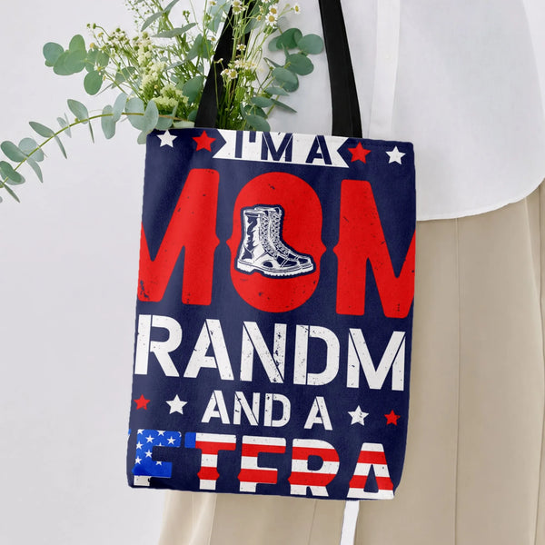 Military Mom Grandma Veteran Tote Bag | Patriotic Combat Boots American Flag Art | Premium Twill Diamond-Grid Texture | Gift 