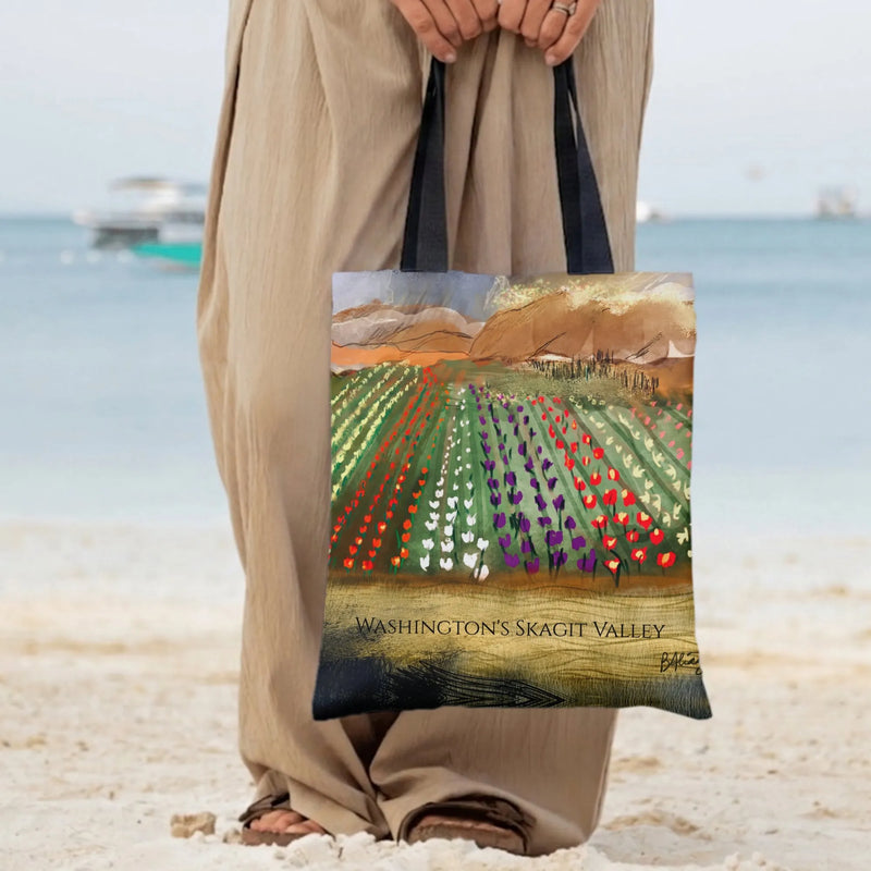 Skagit Valley Tulip Fields Tote Bag | Washington State Watercolor Landscape Art | Premium Twill Diamond-Grid Fabric | Gift for Pacific Northwest Nature Lovers
