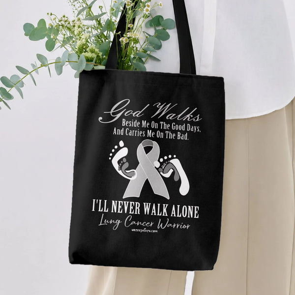Lung Cancer Warrior Tote Bag | God Walks Beside Me Awareness Ribbon & Footprints Design | Premium Twill Diamond-Grid Texture 