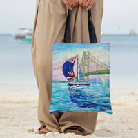 Sailboat Tote Bag | American Flag Spinnaker Bridge Painting Art | Premium Twill Diamond-Grid Texture | Gift for Sailing Enthusiasts