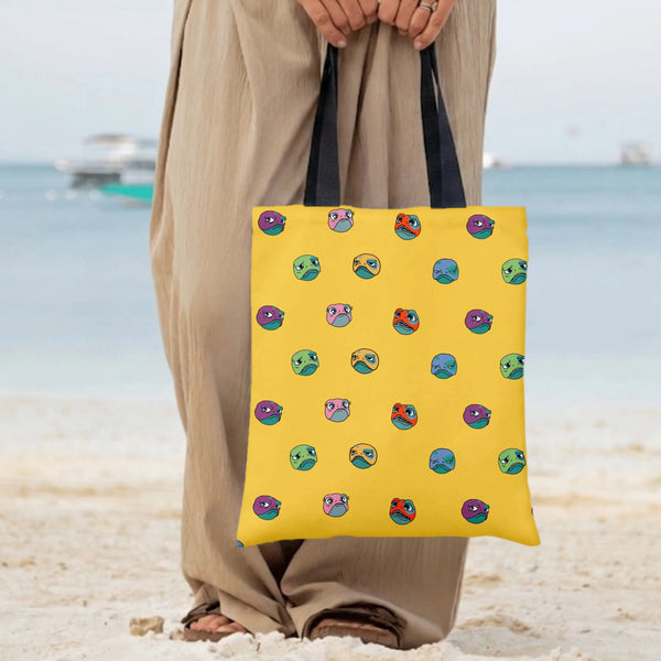 Grumpy Monster Faces Tote Bag | Colorful Cartoon Creature Emoji Pattern on Yellow | Premium Twill Fabric | Funny Gift for Mem