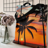 Tropical Palm Tree Sunset Tote Bag | Beach Silhouette Ocean Horizon Art | Premium Composite Twill Fabric | Aesthetic Gift for Beach Lover