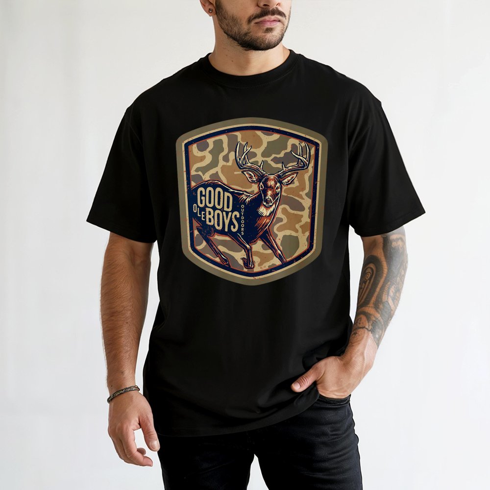 Good Ole Boys Outdoors T-Shirt Buck Deer Graphic With Camo Shield Southern Hunting T-Shirt For Country Men