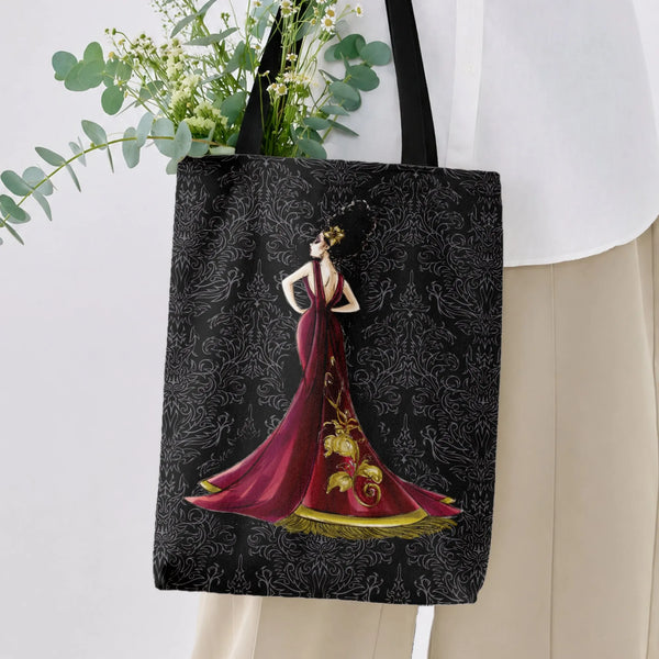 Elegant Woman in Red Gown Tote Bag | Glamorous Fashion Illustration on Dark Damask | Premium Composite Twill Fabric | Aesthet
