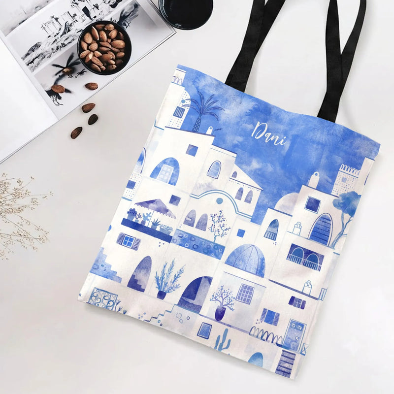 Mediterranean Village Tote Bag | Watercolor Blue and White Architecture Art | Premium Twill Diamond-Grid Fabric | Gift for Travel Lovers