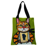 Tahoe Cat Tote Bag | Whimsical Orange Tabby in Overalls Painted Art | Premium Twill Diamond-Grid Texture | Gift for Cat Lover & Lake Tahoe Fan