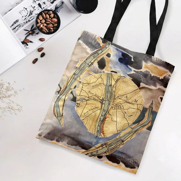 New Hope Lambertville Map Tote Bag | Vintage Topographic Watercolor Collage Art | Premium Twill Diamond-Grid Texture | Gift f