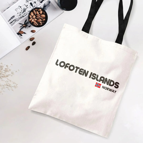 Lofoten Islands Norway Tote Bag | Scandinavian Travel Destination Typography Design | Premium Twill Diamond-Grid Texture | Gi