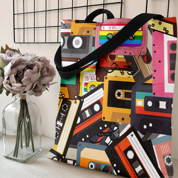 Retro Cassette Tape Tote Bag | Colorful 90s Mixtape Collage Art | Premium Twill Diamond-Grid Fabric | Gift for Music Lover an