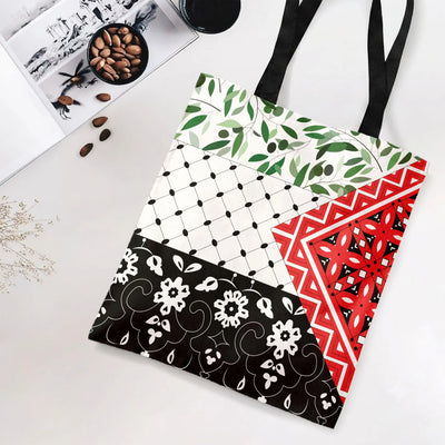 Palestinian Keffiyeh Olive Branch Tote Bag | Traditional Tatreez Embroidery Pattern Patchwork Art | Premium Twill Fabric | Cultural Heritage Gift for Her