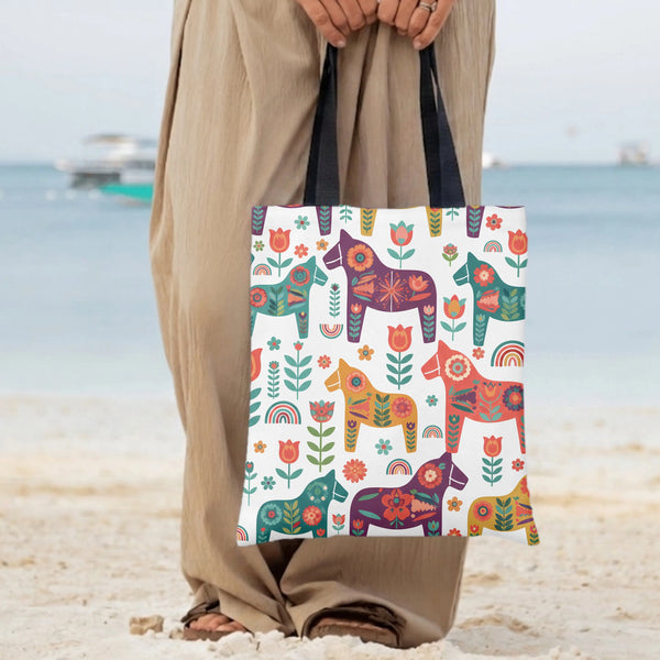 Dala Horse Tote Bag | Scandinavian Folk Art Floral Pattern | Premium Twill Diamond-Grid Fabric | Gift for Swedish Heritage Lo