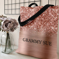 Rose Gold Glitter Tote Bag | Personalized Name Design with Sparkling Confetti | Premium Twill Shopping Bag | Gift for Her