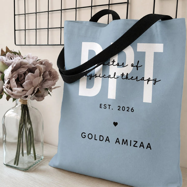 DPT Doctor of Physical Therapy Tote Bag | Personalized Graduation Year Script Typography Design | Premium Twill Diamond-Grid 