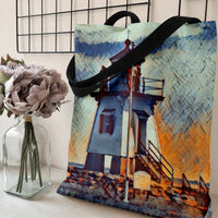 Lighthouse Oil Painting Tote Bag | Impressionist Coastal Sunset Scene with American Flag | Premium Twill Fabric | Gift for Art Lovers