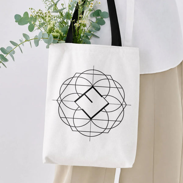 Sacred Geometry Tote Bag | Minimalist Circles and Diamond Line Art Design | Premium Composite Twill Fabric | Aesthetic Gift f