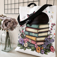 Black Cat on Books Tote Bag | Sleeping Cat with Floral Book Stack Illustration | Premium Twill Diamond-Grid Texture | Gift for Book Lovers and Cat Lovers