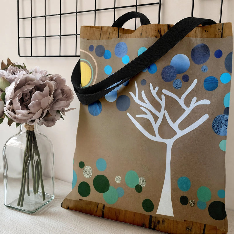 Abstract Tree Tote Bag | White Tree with Blue Bubbles Art | Premium Twill Diamond-Grid Fabric | Gift for Nature Lovers