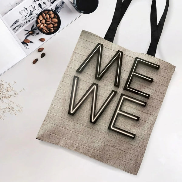 Me We Neon Sign Tote Bag | Bold Typography on Brick Wall Art | Premium Composite Twill Fabric | Trendy Motivational Gift for 
