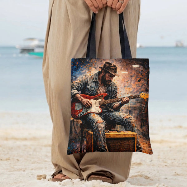 Guitar Player Tote Bag | Watercolor Musician Art with Paint Splatter Effect | Premium Twill Fabric Tote | Gift for Music Love
