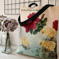 Baby Chick and Rose Tote Bag | Vintage Botanical Illustration with Red Roses and Yellow Chicks | Premium Twill Tote | Cute Farm Animal Lover Gift