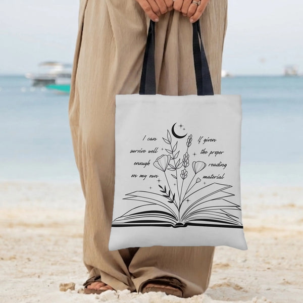 Book Lover Tote Bag | Open Book Wildflowers Moon Reading Quote Art | Premium Composite Twill Fabric | Gift for Readers and Bo