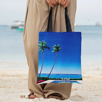 Palm Tree Poolside Tote Bag | Retro California Swimming Pool Illustration | Premium Twill Diamond-Grid Fabric | Aesthetic Summer Gift for Beach Lovers
